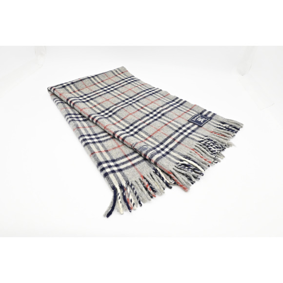 Burberry Scarf Muffler Gray Check Navy and Red Women Men Authentic Wool - Picture 1 of 8